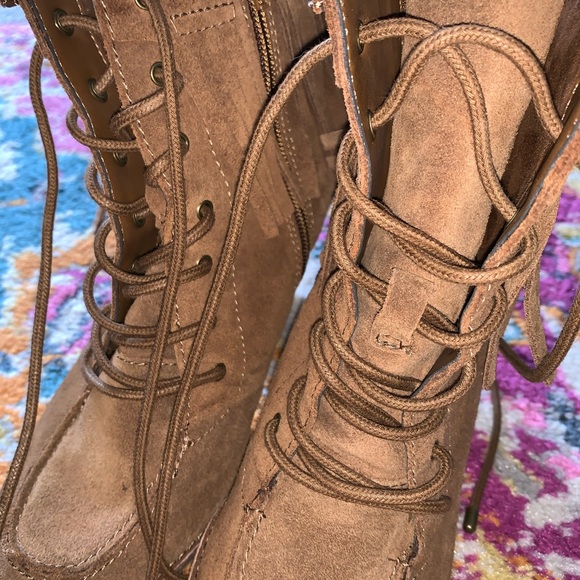 Gianni Bini Fringed Lace Up Ankle Boots Stack Heel - Picture 8 of 10